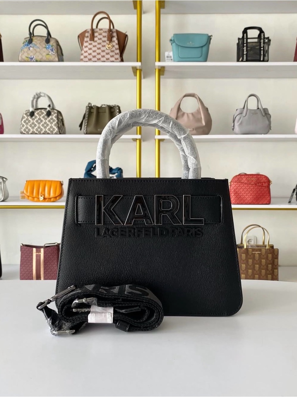 Karl Lagerfeld Black Simon Embossed Logo Harlow Leather Top-Handle Satchel
